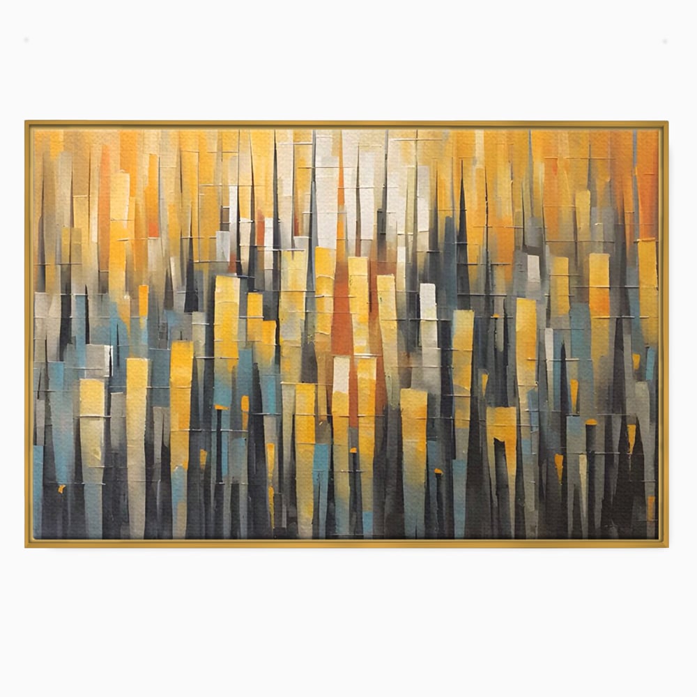 Tablou canvas cu pictura abstracta cu dungi verticale aurii, in rama de aluminiu auriu